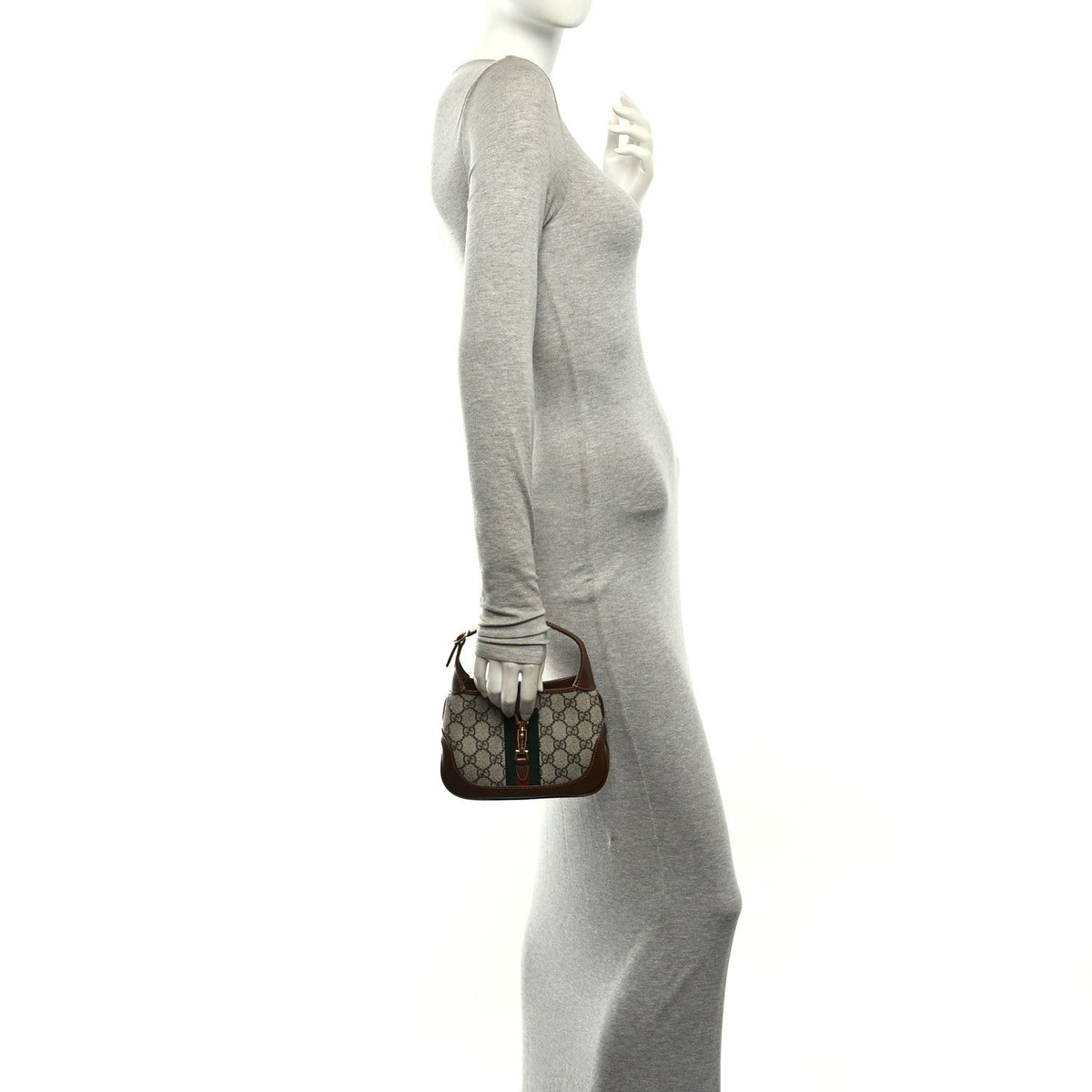 GG Supreme Monogram Azalea Calfskin Web Mini Jackie 1961 Hobo Beige Ebony Brown Sugar