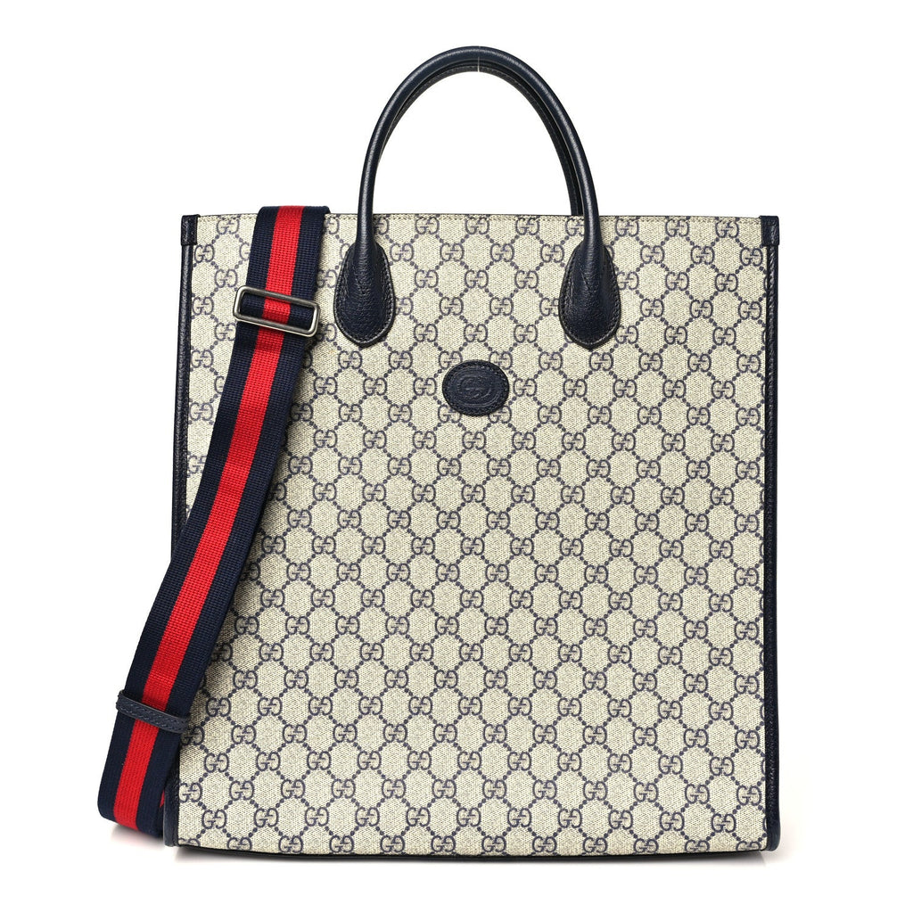 GG Supreme Monogram Textured Dollar Calfskin Web Medium Retro Interlocking G Tote Bag Beige Blue