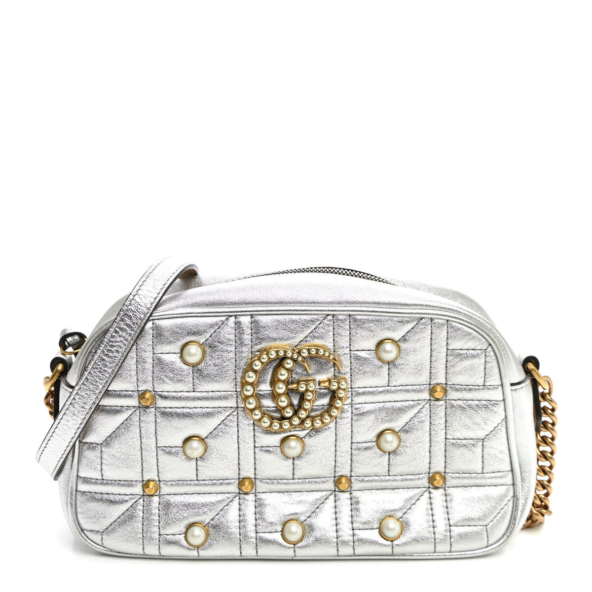 Metallic Calfskin Matelasse Studded Small Pearly GG Marmont Chain Shoulder Bag Silver