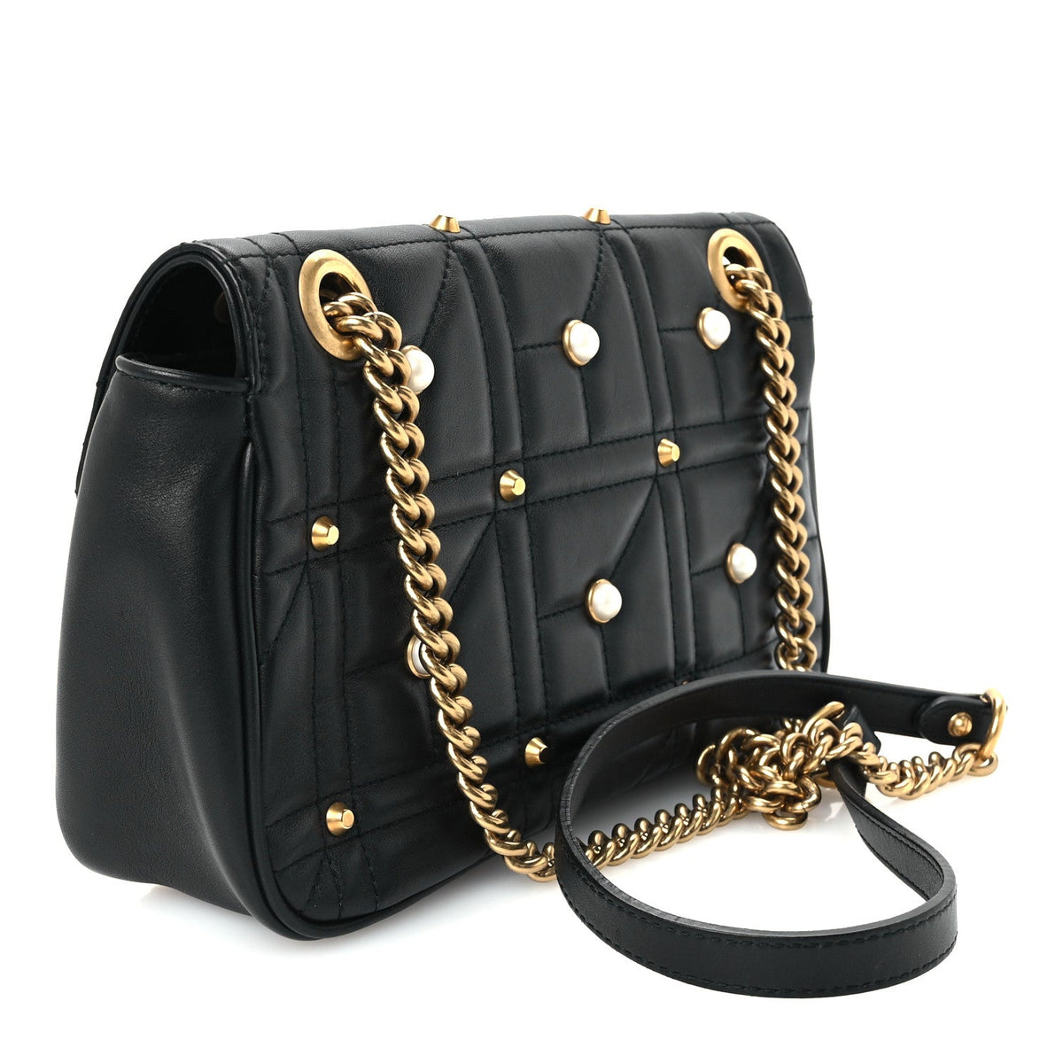 Calfskin Matelasse Studded Small Pearly GG Marmont Shoulder Bag Black