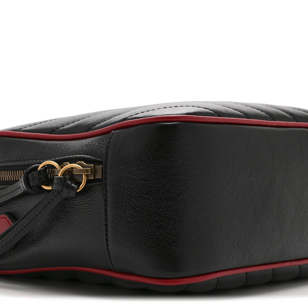 Vintage Effect Calfskin Matelasse Diagonal Small Torchon GG Marmont Bamboo Top Handle Shoulder Bag Black Romantic Cherry