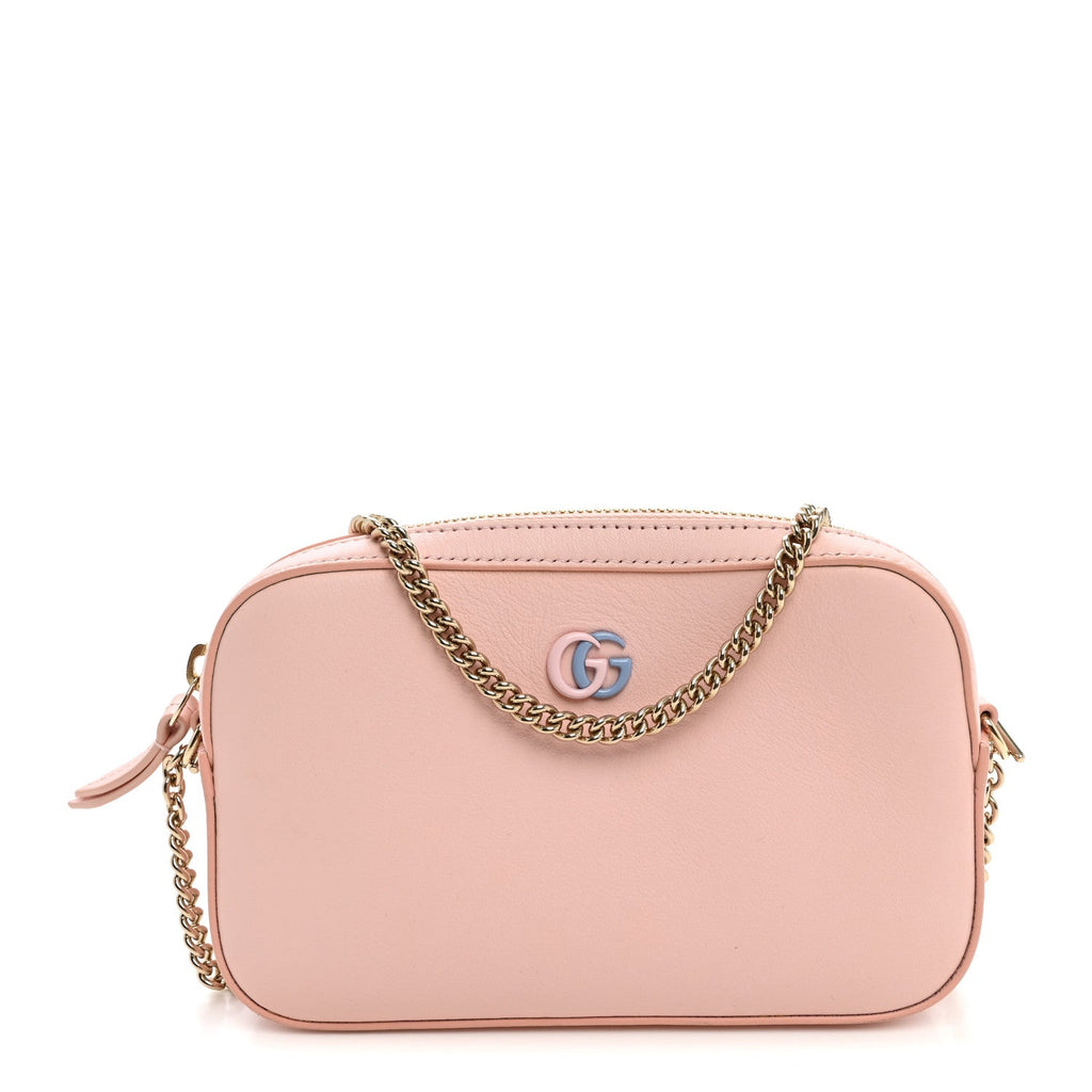 Dollar Calfskin Enamel Super Mini GG Marmont Chain Shoulder Bag Light Pink Blue