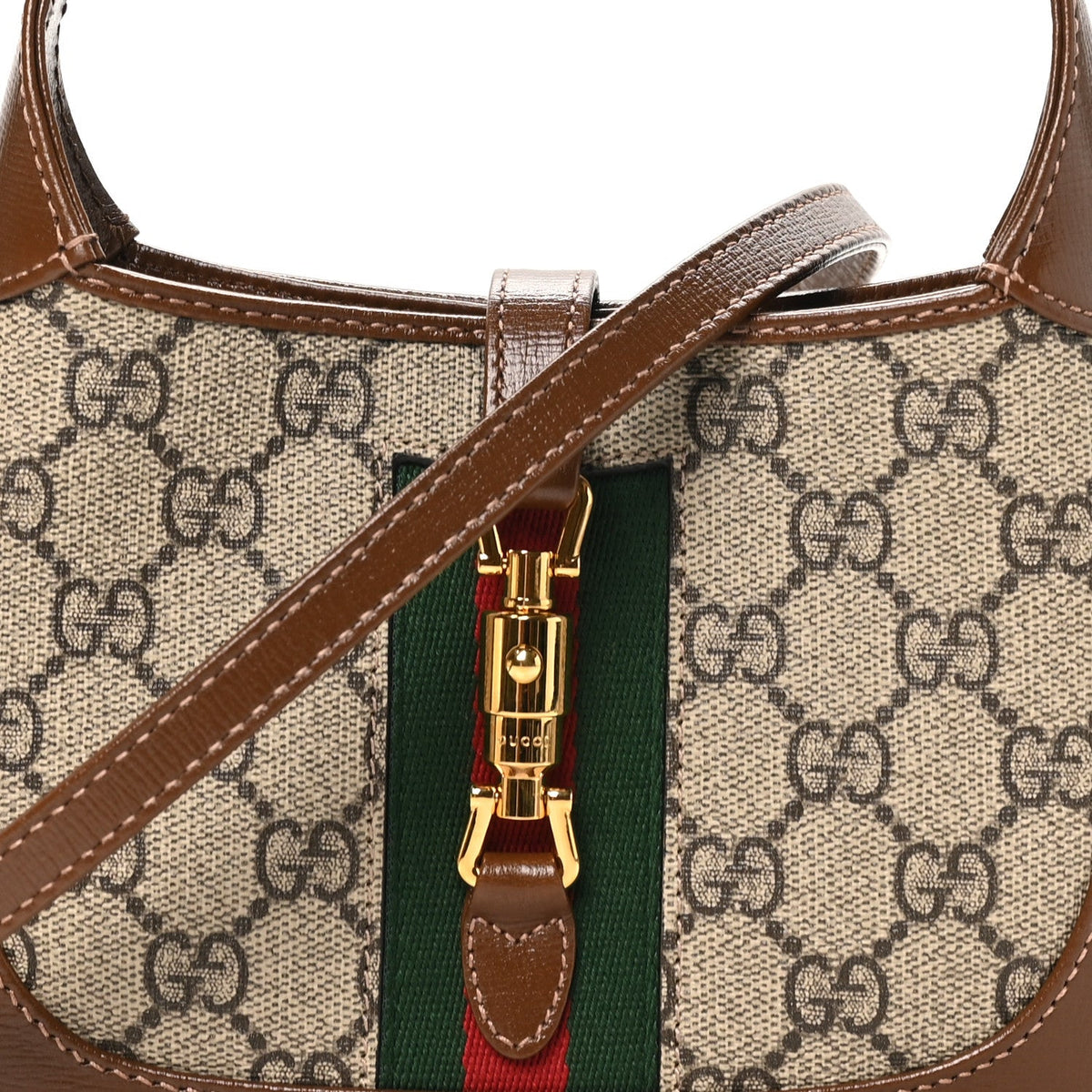 GG Supreme Monogram Azalea Calfskin Web Mini Jackie 1961 Hobo Beige Ebony Brown Sugar