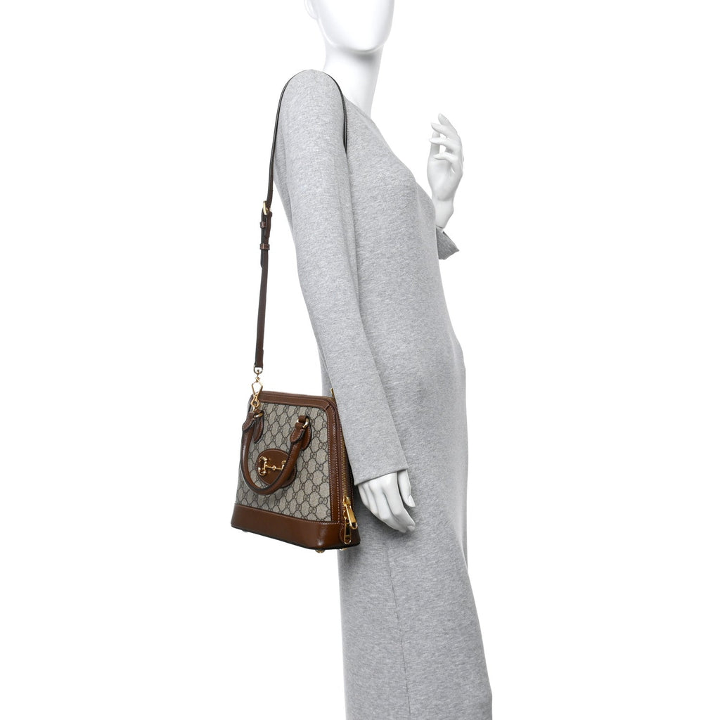 GG Supreme Monogram Azalea Calfskin Small Horsebit 1955 Top Handle Bag Beige Ebony Brown Sugar