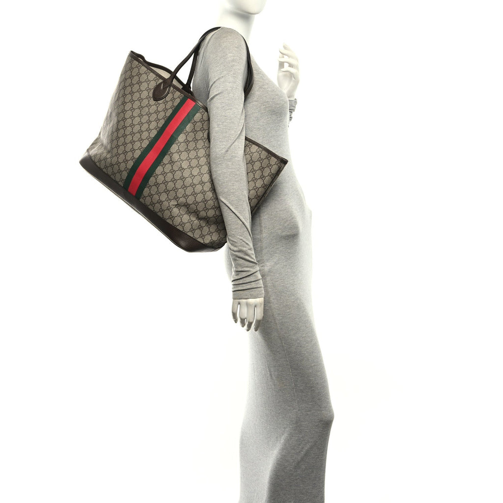 GG Supreme Monogram Textured Dollar Calfskin Web Large Ophidia Tote Beige Ebony New Acero