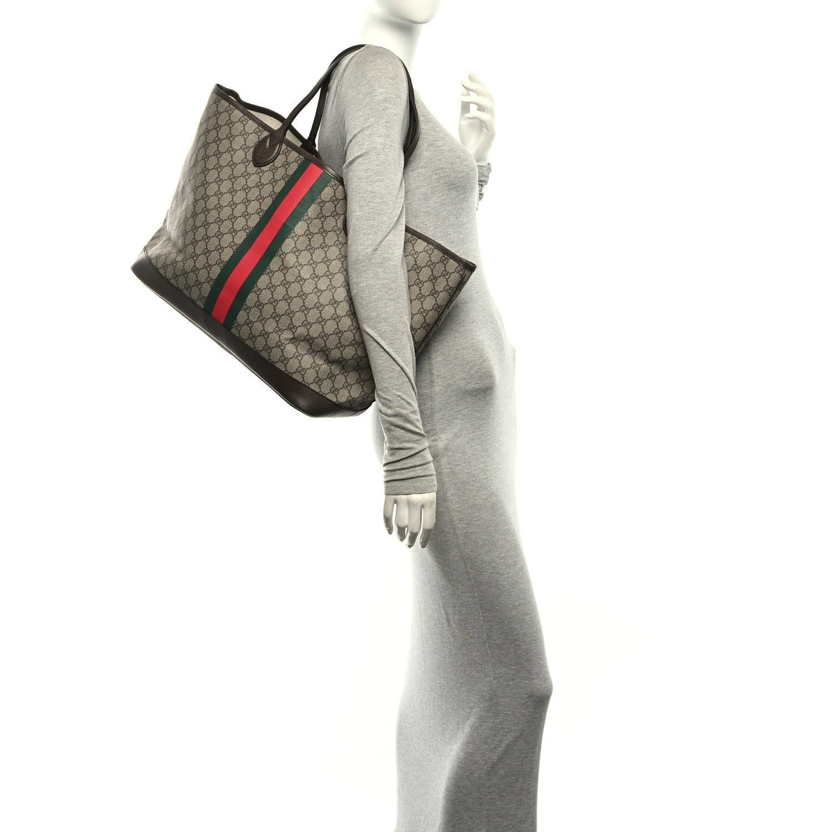 GG Supreme Monogram Textured Dollar Calfskin Web Large Ophidia Tote Beige Ebony New Acero