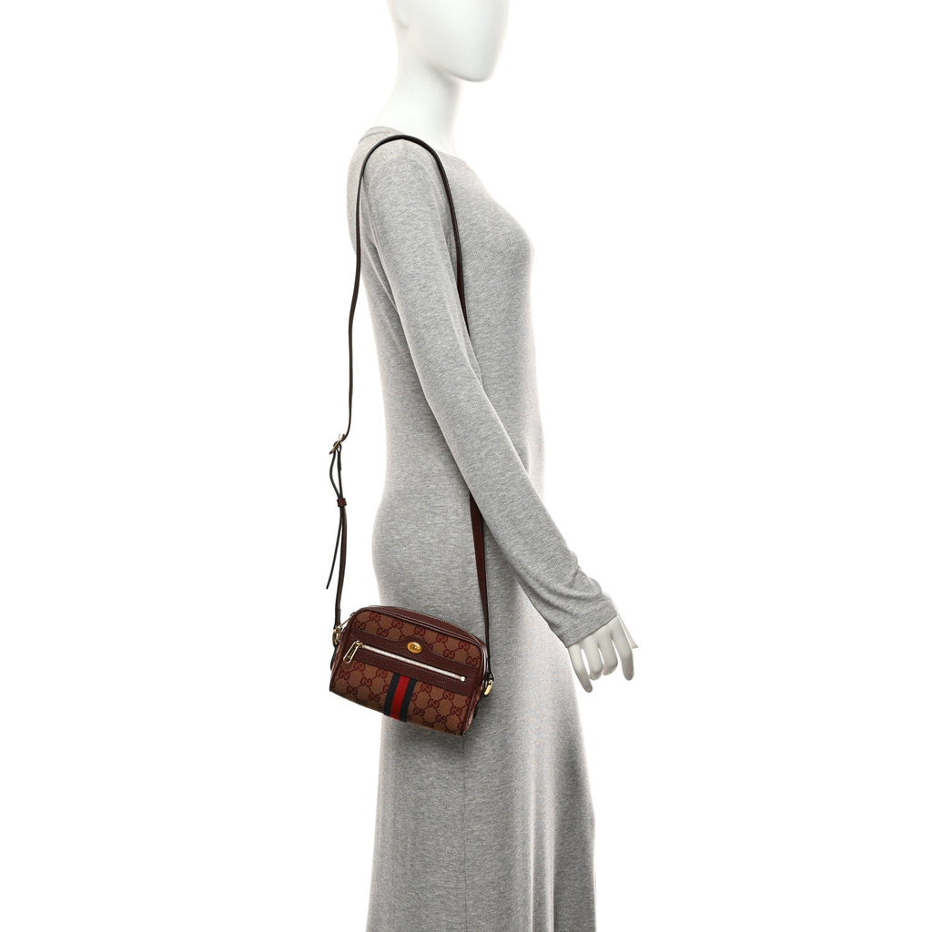 Monogram Textured Dollar Calfskin Web Mini Ophidia Shoulder Bag Sahara Rubino Chardonnay