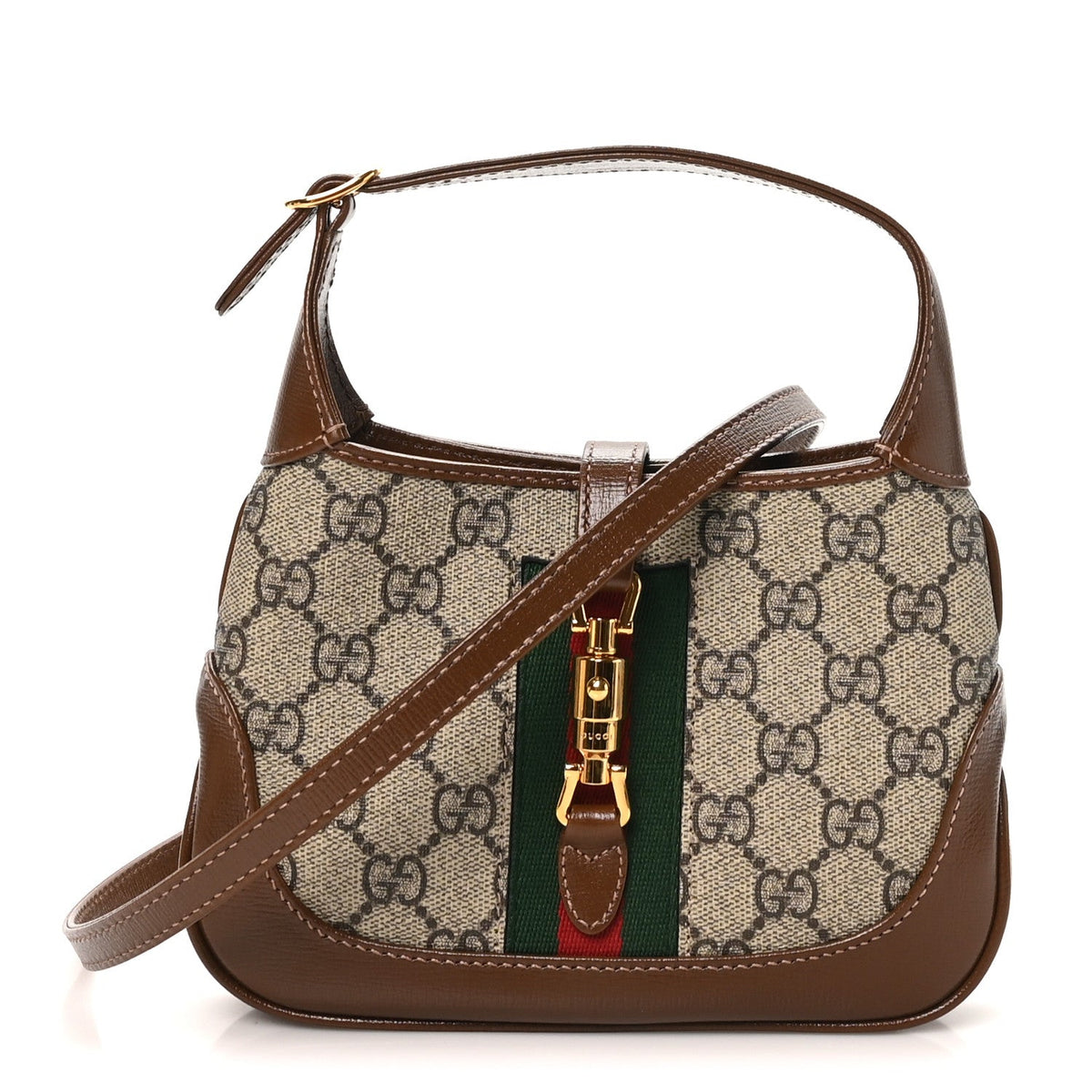 GG Supreme Monogram Azalea Calfskin Web Mini Jackie 1961 Hobo Beige Ebony Brown Sugar