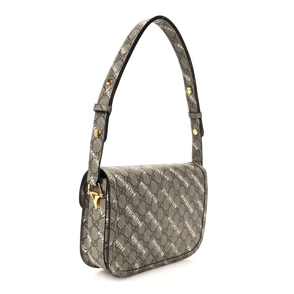 X BALENCIAGA GG Supreme Monogram Logo Print Horsebit 1955 Shoulder Bag Beige Ebony