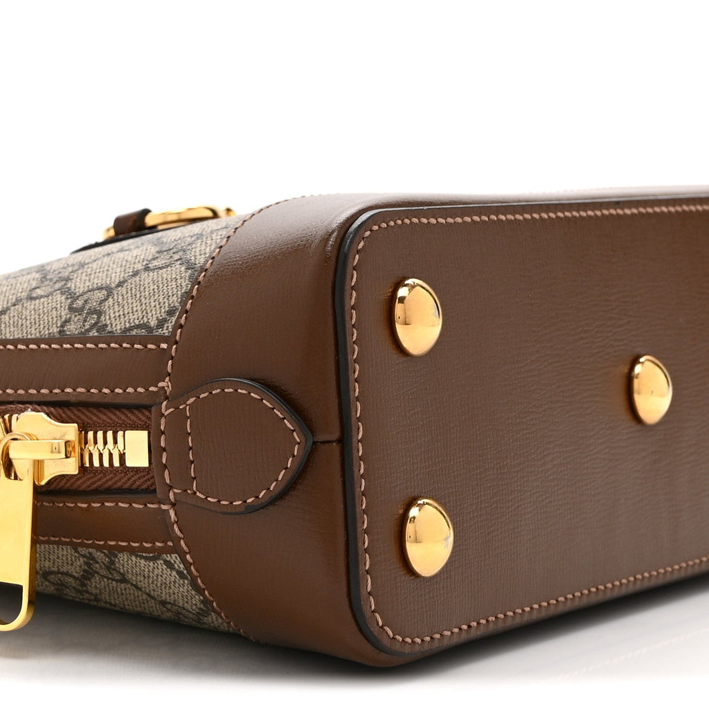 GG Supreme Monogram Azalea Calfskin Small Horsebit 1955 Top Handle Bag Beige Ebony Brown Sugar