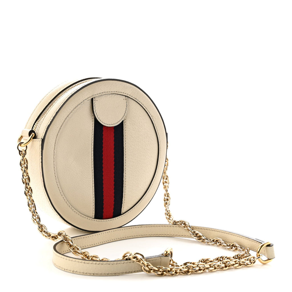 Textured Calfskin Web Mini Ophidia Round Shoulder Bag Mystic White