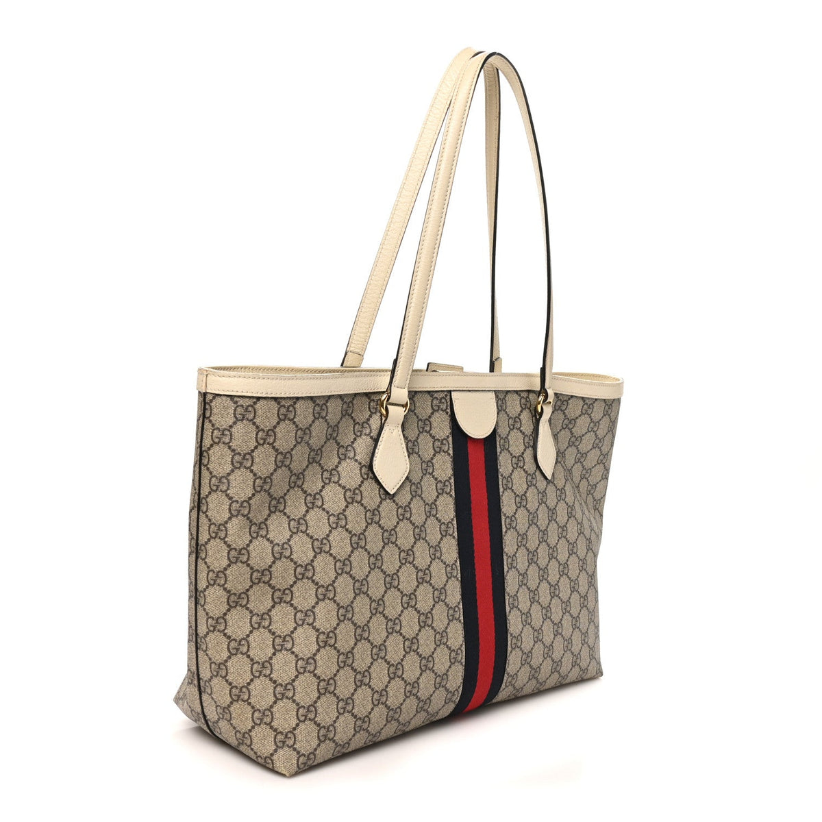 GG Supreme Monogram Textured Dollar Calfskin Web Medium Ophidia Shopping Tote Beige Ebony Mystic White