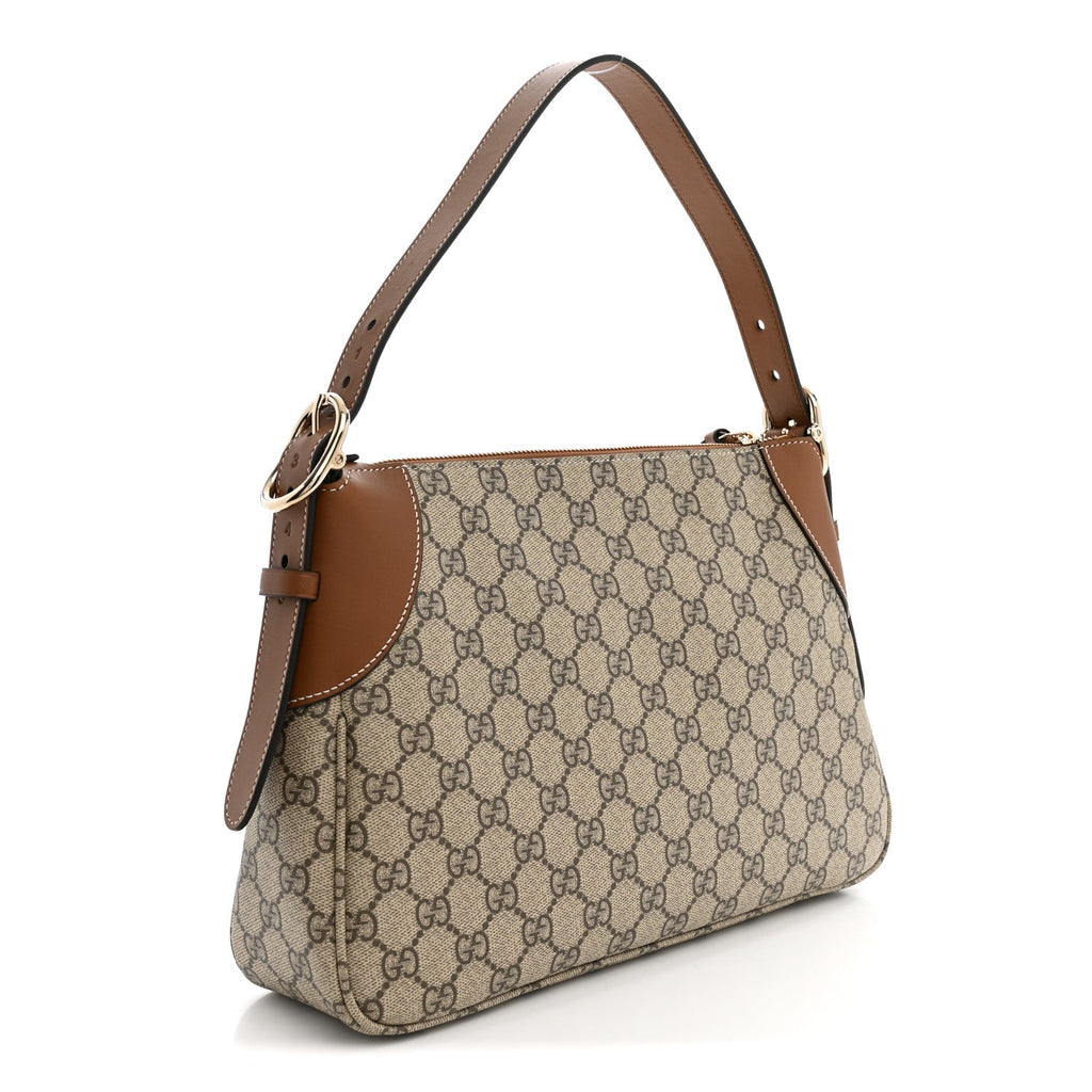 GG Supreme Monogram Textured Calfskin Medium Emblem Shoulder Bag Beige Dark Brown