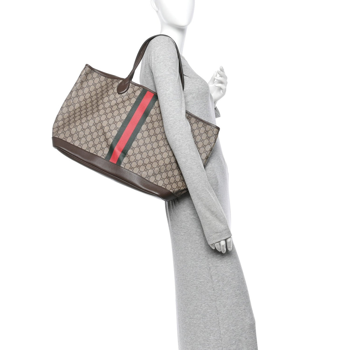 GG Supreme Monogram Textured Dollar Calfskin Web Large Ophidia Tote Beige Ebony New Acero