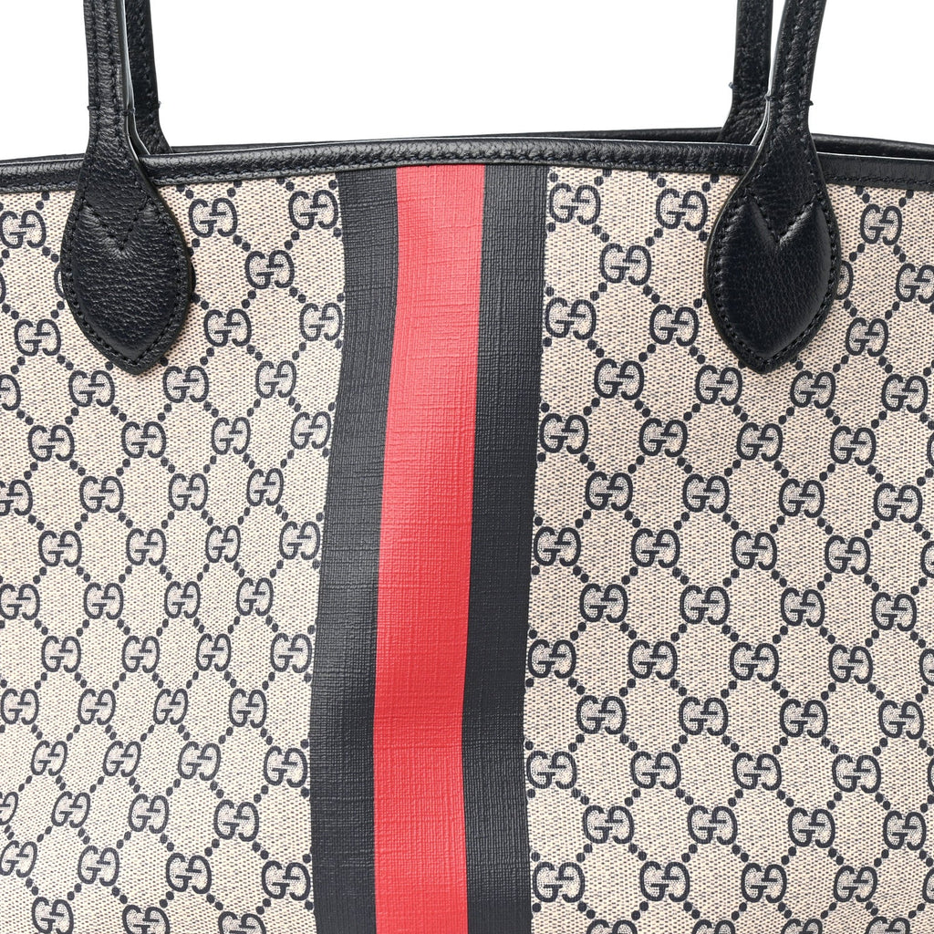 GG Supreme Monogram Textured Dollar Calfskin Web Large Ophidia Tote Beige Blue