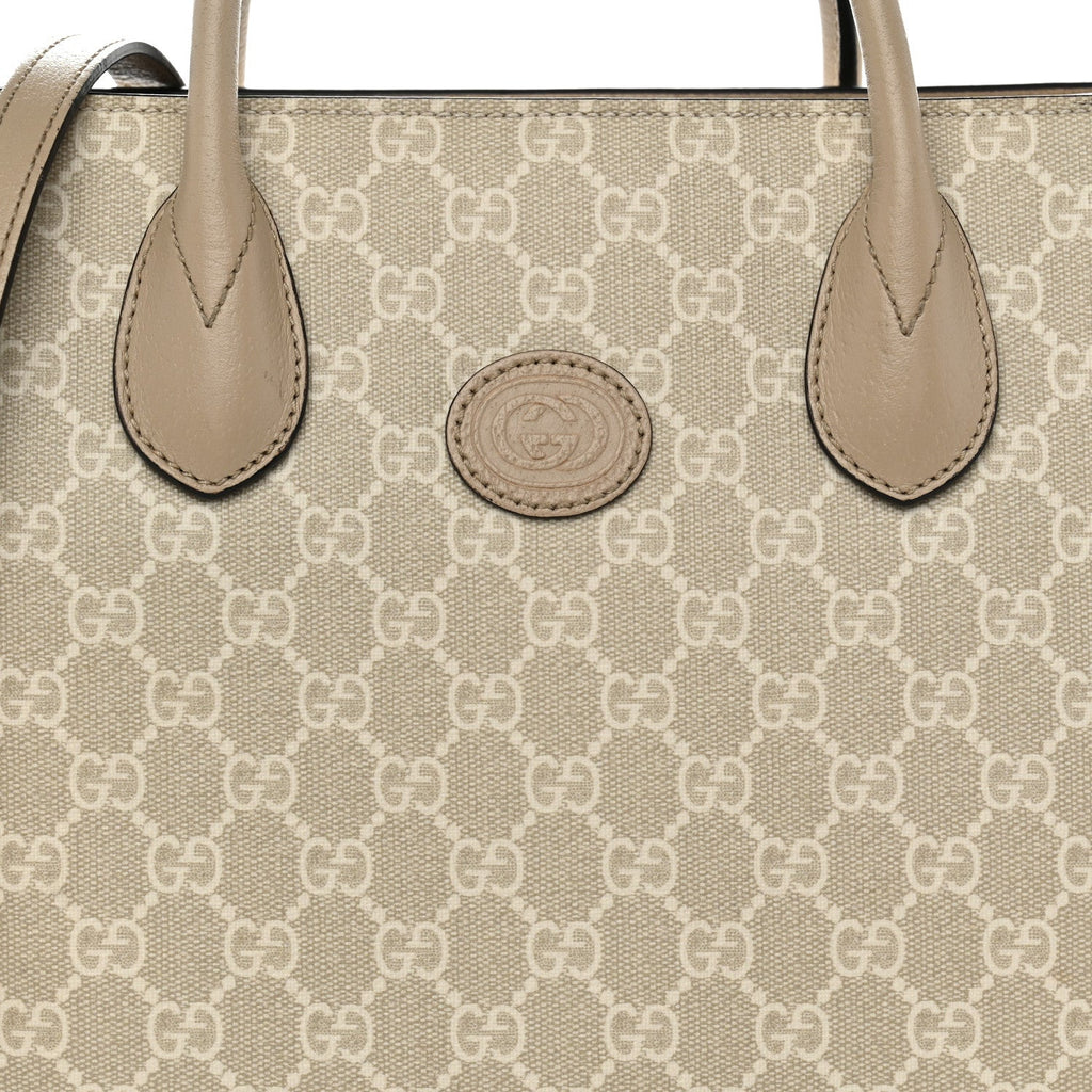 GG Supreme Monogram Textured Dollar Calfskin Small Retro Interlocking G Tote Bag Beige Mystic White Oatmeal