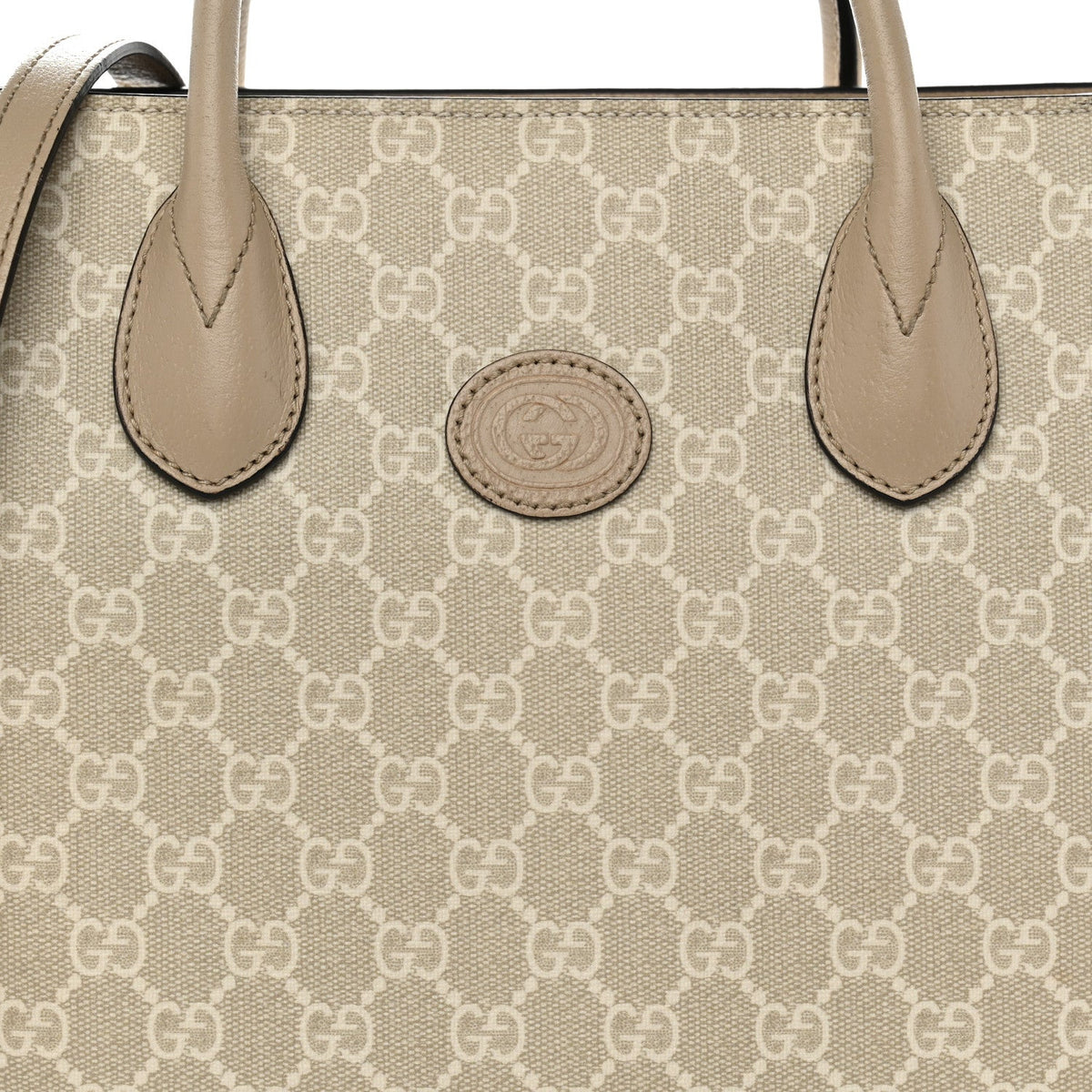 GG Supreme Monogram Textured Dollar Calfskin Small Retro Interlocking G Tote Bag Beige Mystic White Oatmeal