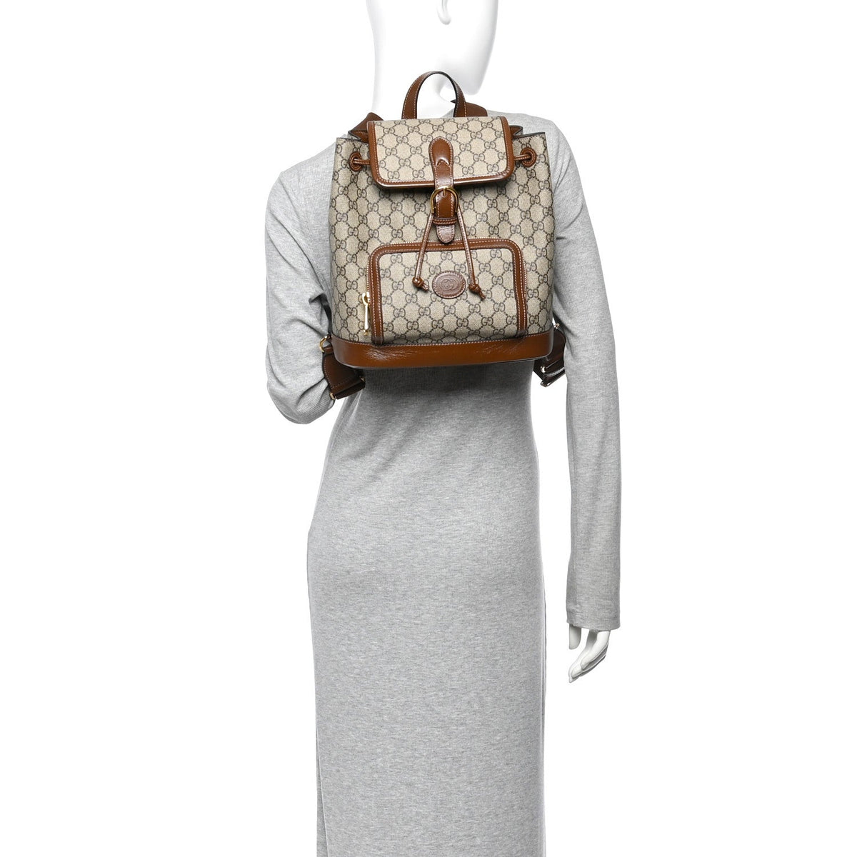 GG Supreme Monogram Azalea Calfskin Retro Interlocking G Buckle Backpack Beige Ebony Brown Sugar