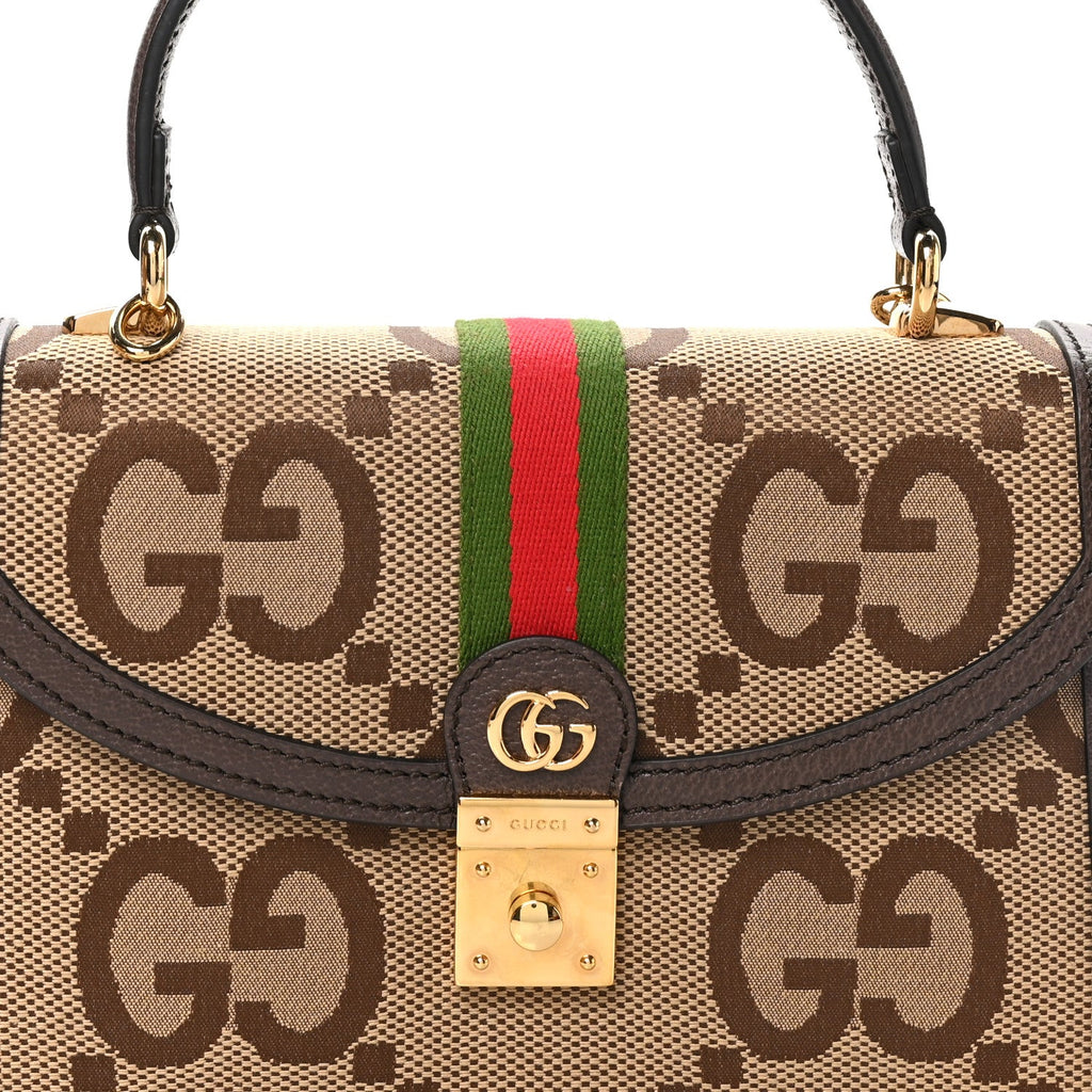 Monogram Jumbo GG Textured Dollar Calfskin Web Small Ophidia Padlock Top Handle Bag Camel Ebony New Acero
