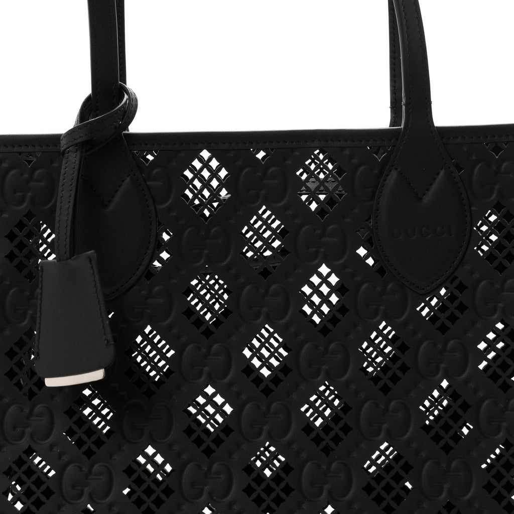 Calfskin GG Monogram Diamond Cut Medium Ophidia Tote Bag Black