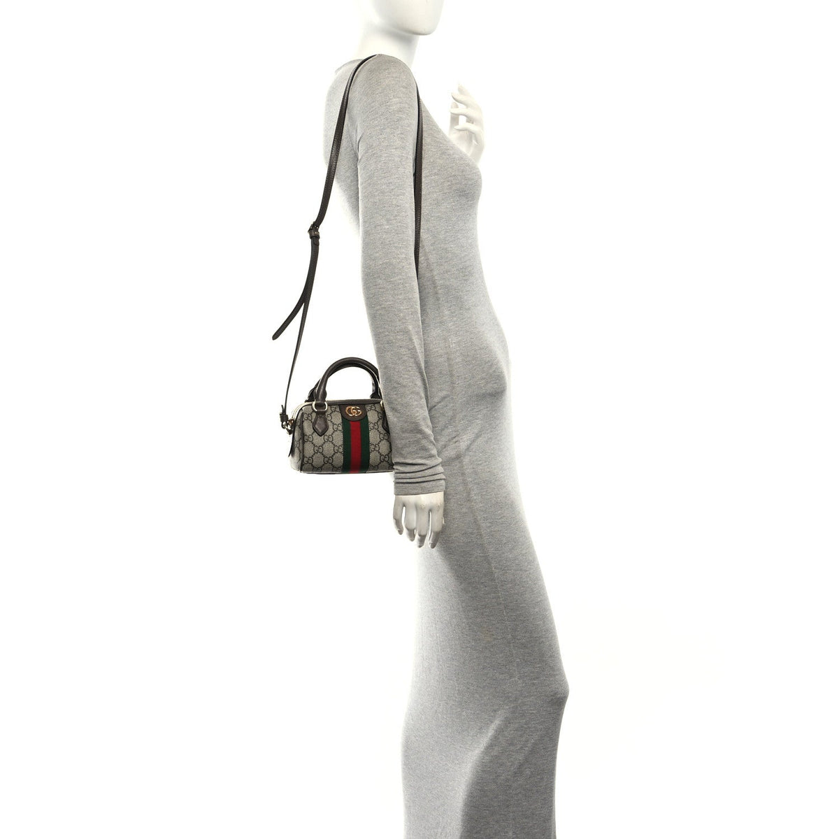 GG Supreme Monogram Textured Dollar Calfskin Web Super Mini Ophidia Top Handle Bowler Bag Beige Ebony New Acero