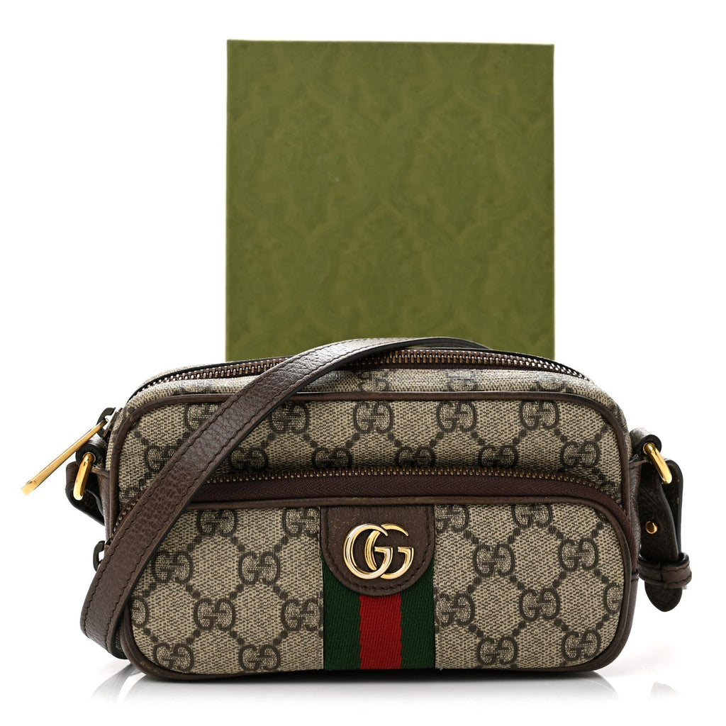 GG Supreme Monogram Textured Dollar Calfskin Web Mini Ophidia Convertible Shoulder Bag Beige Ebony New Acero
