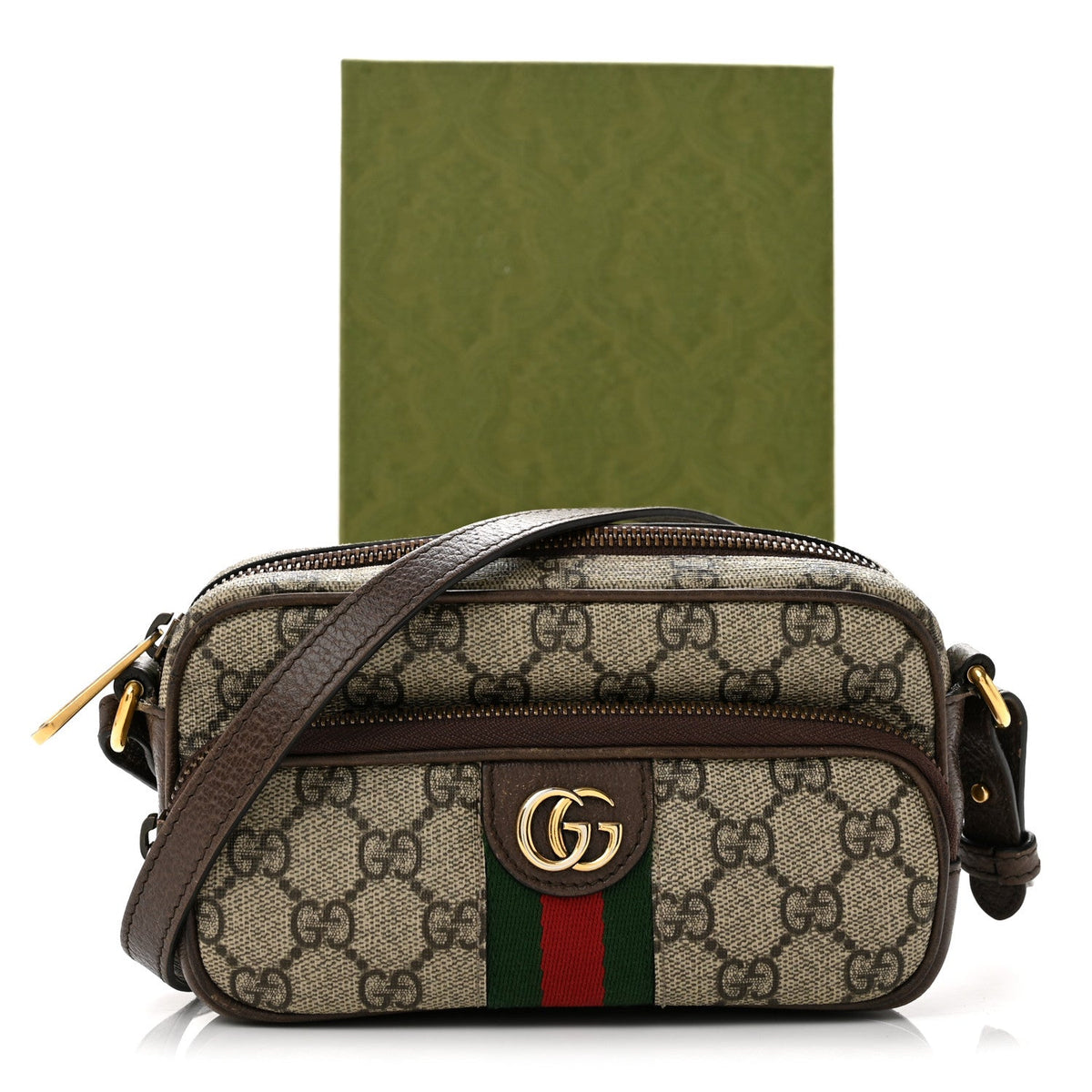 GG Supreme Monogram Textured Dollar Calfskin Web Mini Ophidia Convertible Shoulder Bag Beige Ebony New Acero