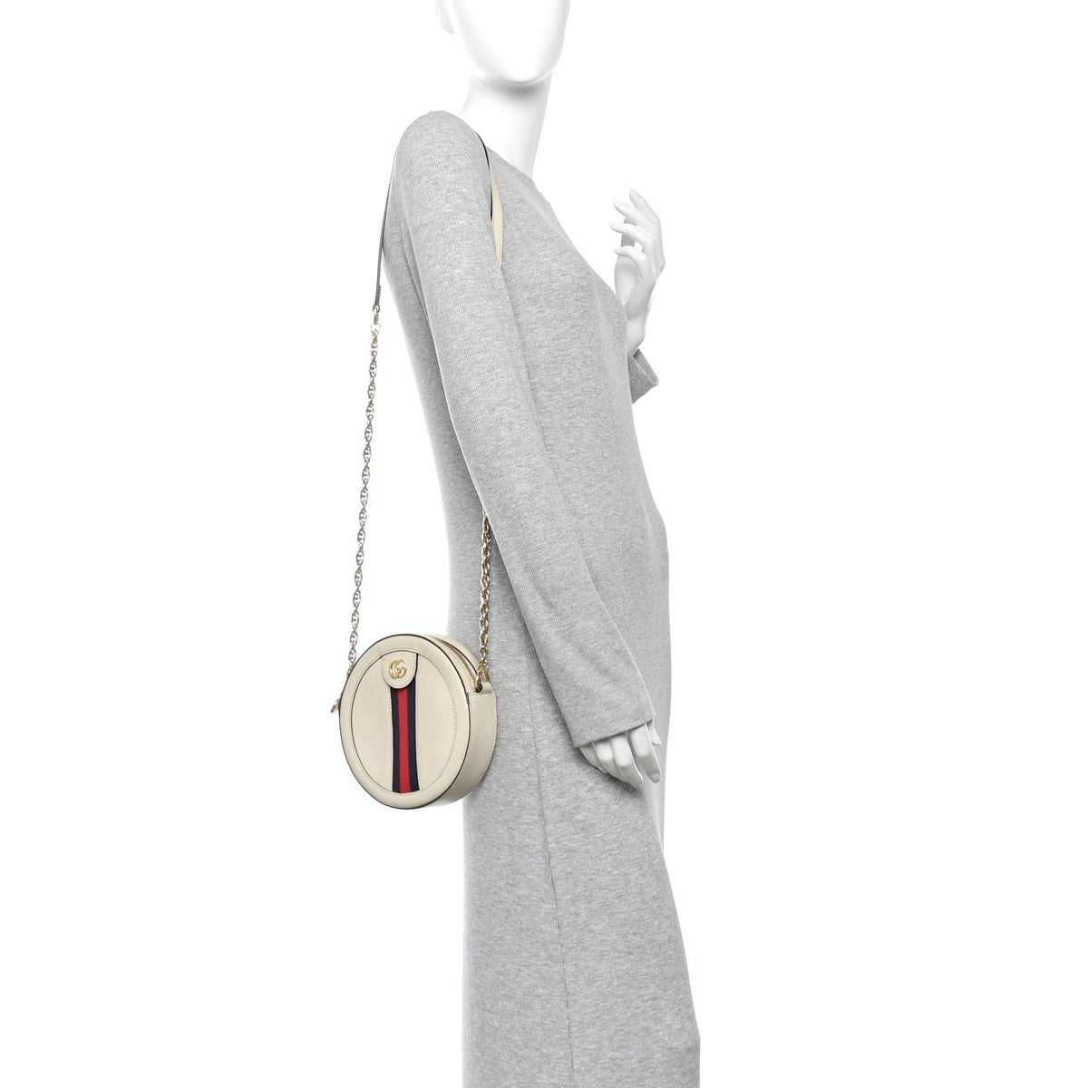 Textured Calfskin Web Mini Ophidia Round Shoulder Bag Mystic White