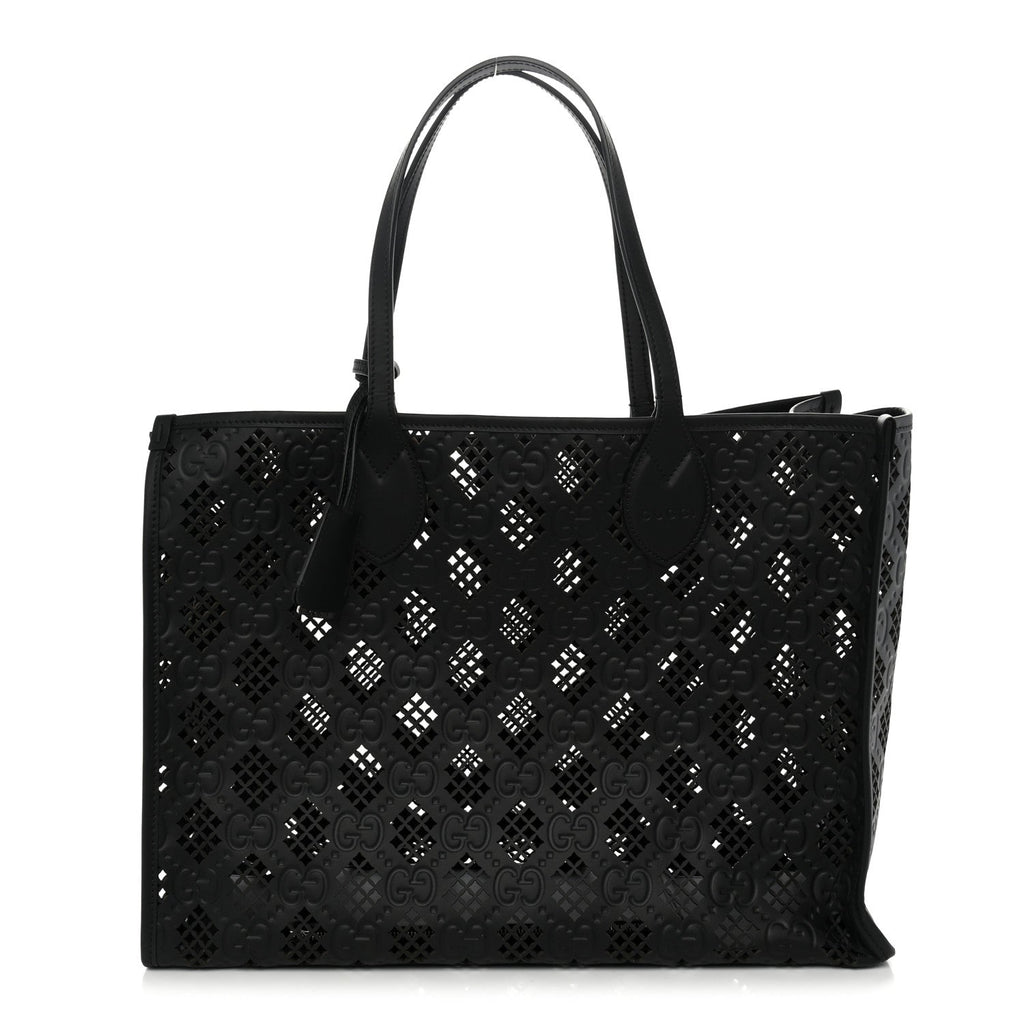 Calfskin GG Monogram Diamond Cut Medium Ophidia Tote Bag Black