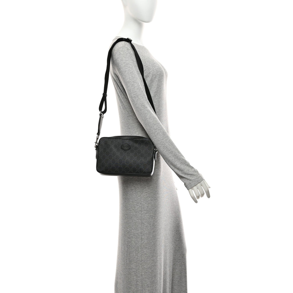 GG Supreme Monogram Azalea Calfskin Retro Interlocking G Wristlet Shoulder Bag Black