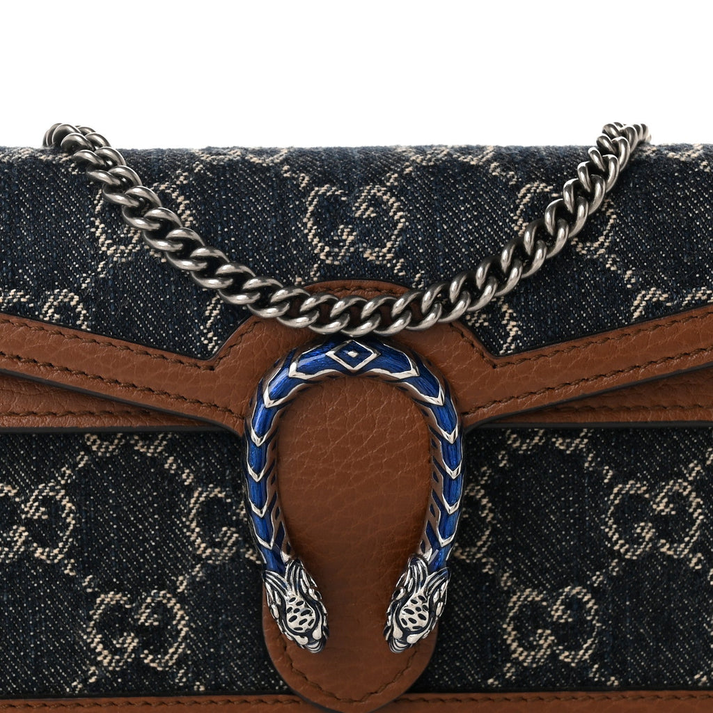 New Denim GG Monogram Dollar Calfskin Enamel Super Mini Dionysus Shoulder Bag Blue Tea Cuir Epilog Electric Blue