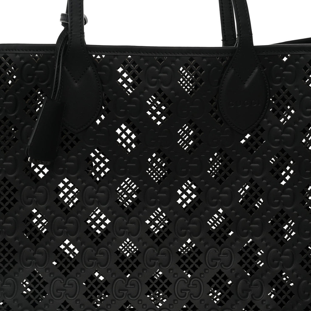 Calfskin GG Monogram Diamond Cut Medium Ophidia Tote Bag Black