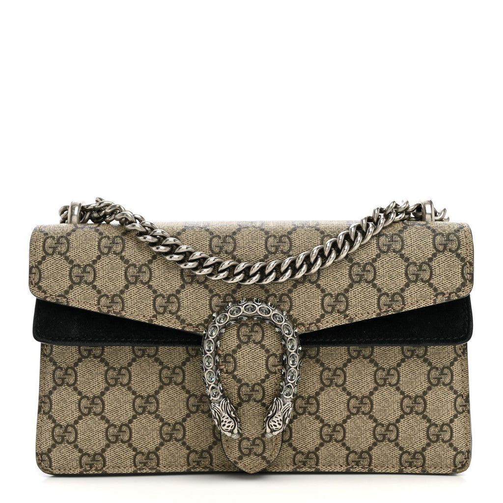 GG Supreme Monogram Suede Crystal Small Dionysus Shoulder Bag Beige Ebony Black