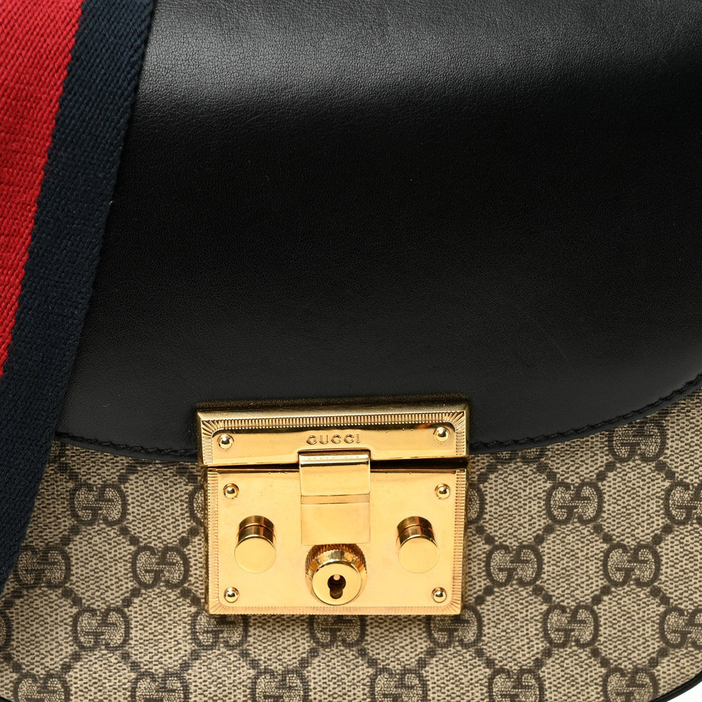 GG Supreme Monogram Web Medium Padlock Messenger Shoulder Bag Black