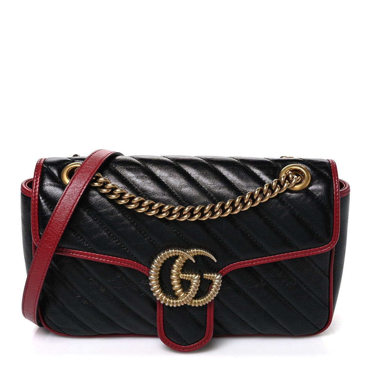 Vintage Effect Calfskin Matelasse Diagonal Small Torchon GG Marmont Shoulder Bag Black Romantic Cherry