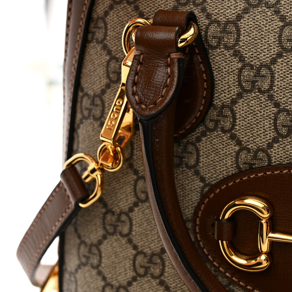 GG Supreme Monogram Azalea Calfskin Small Horsebit 1955 Top Handle Bag Beige Ebony Brown Sugar