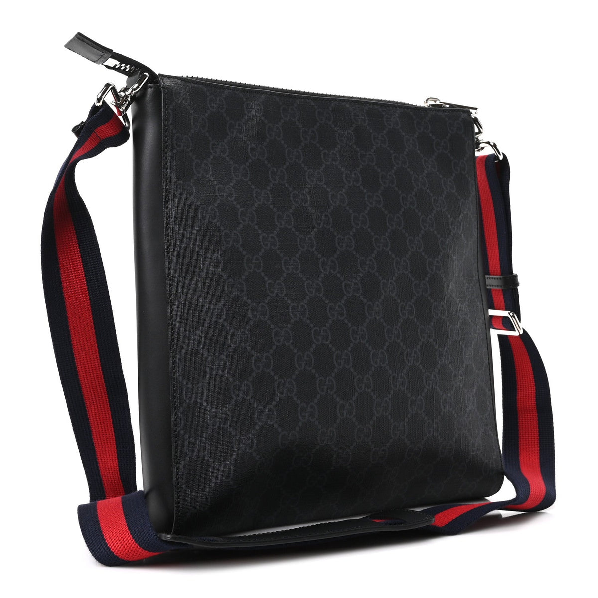 GG Supreme Monogram Appia Calfskin Web Flat Messenger Bag Black Grey