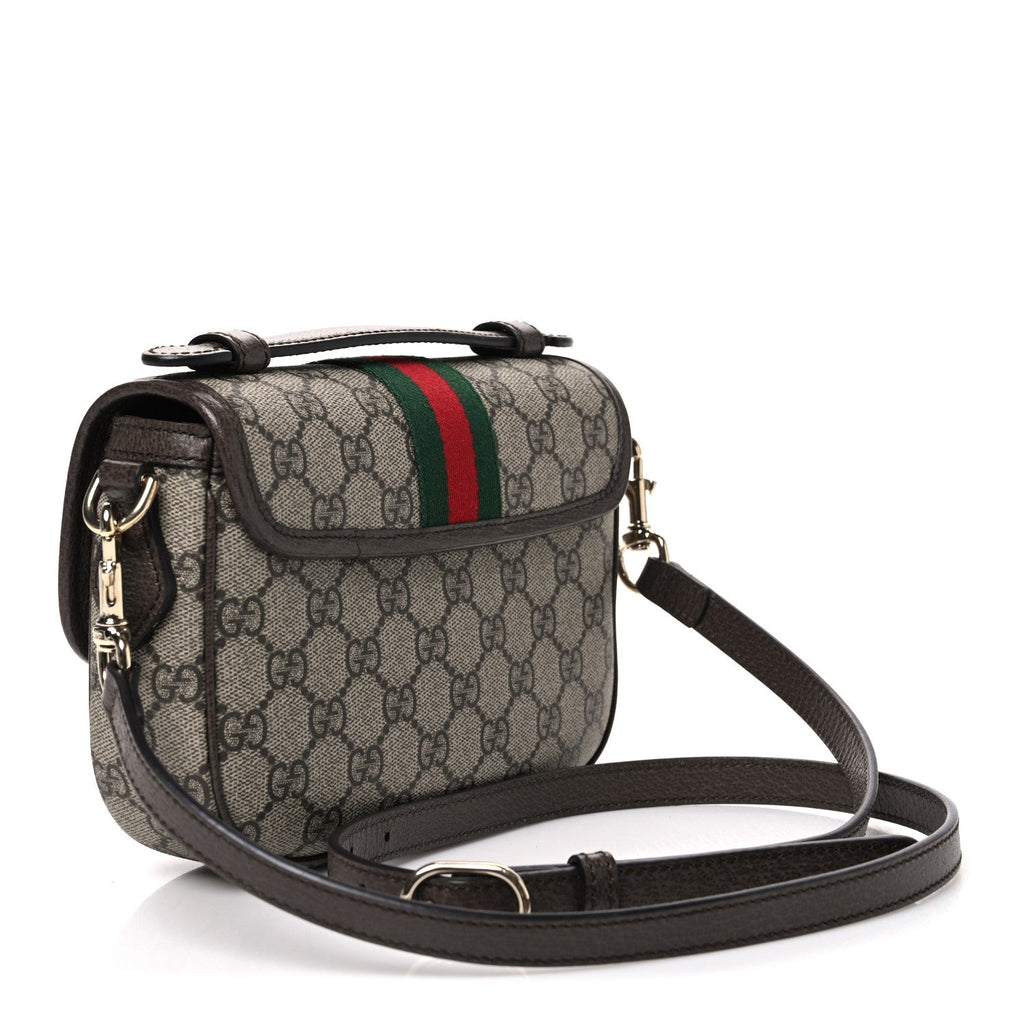 GG Supreme Monogram Textured Dollar Calfskin Small Ophidia Top Handle Shoulder Bag Beige Brown