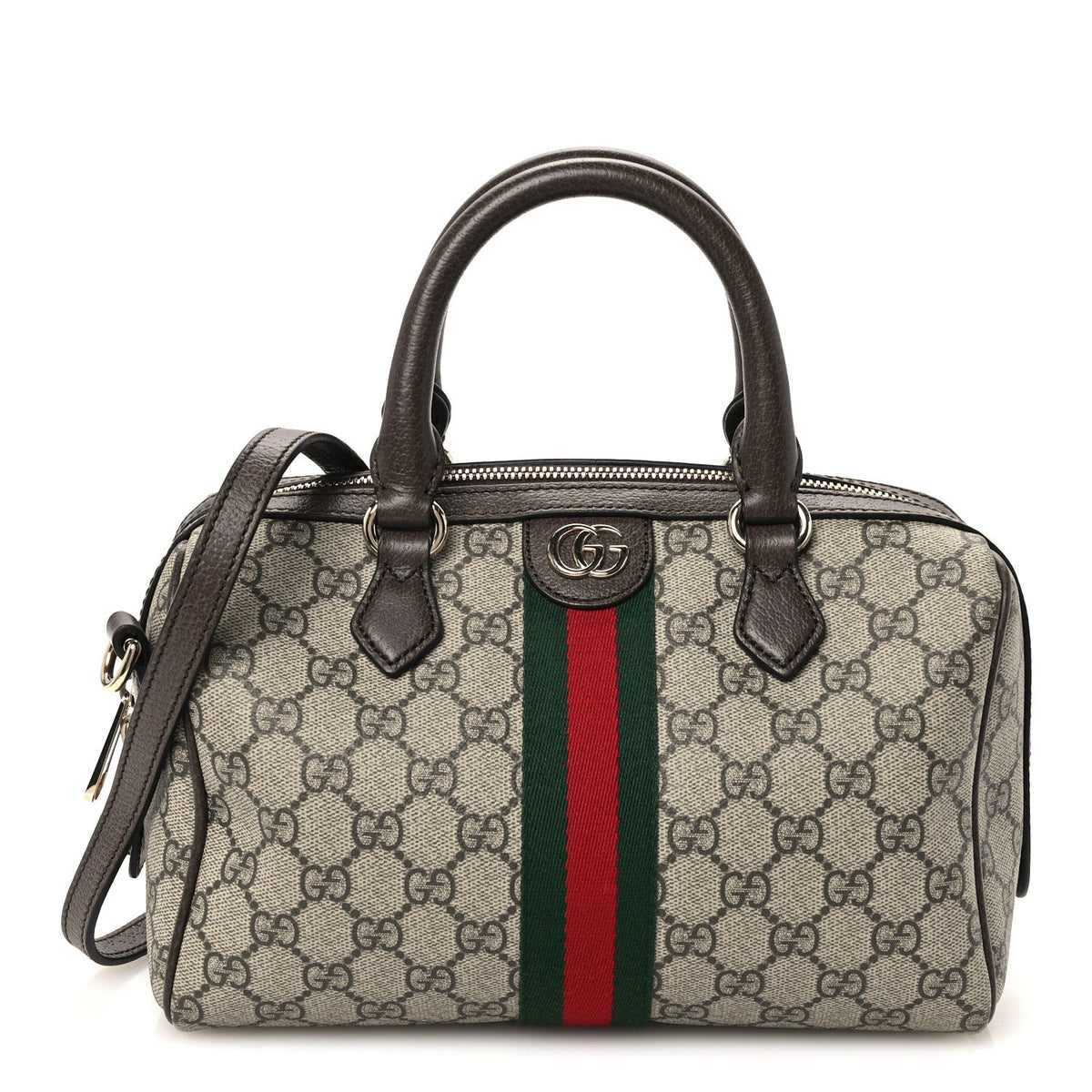 GG Supreme Monogram Web Medium Ophidia Top Handle Bag Beige Dark Brown