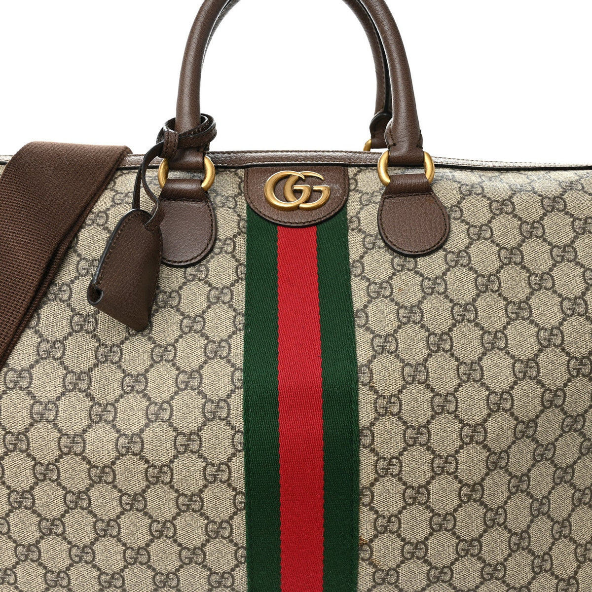 GG Supreme Monogram Textured Dollar Calfskin Web Medium Ophidia Carry-On Duffle Bag Beige Ebony New Acero