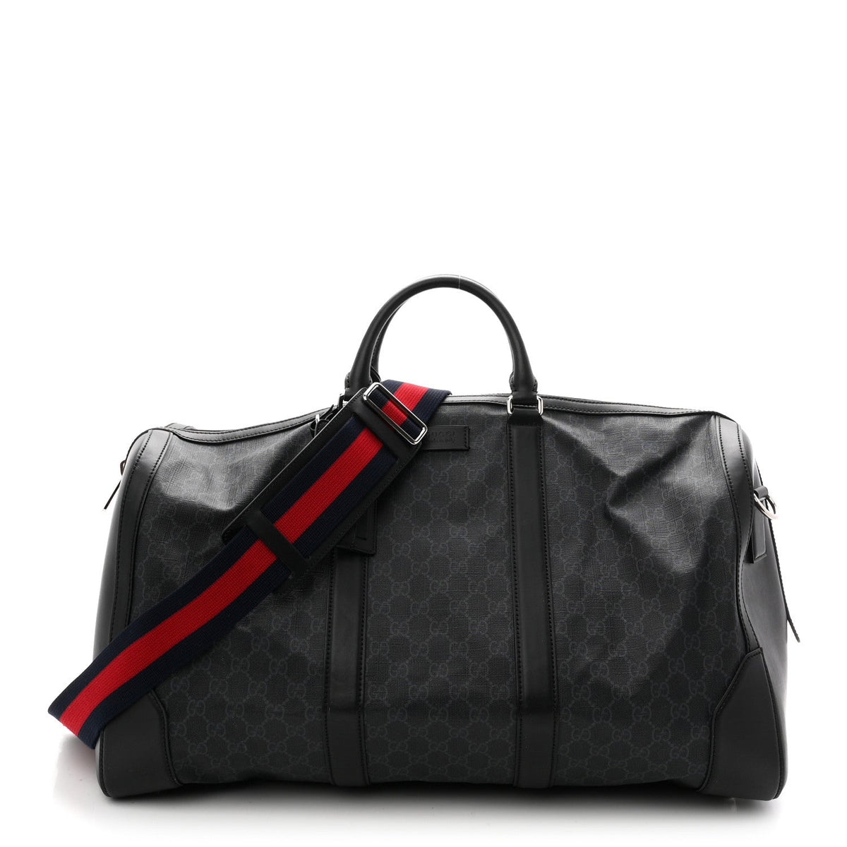 Soft GG Supreme Monogram Appia Calfskin Web Large Carry On Duffle Bag Black Grey
