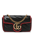 Vintage Effect Calfskin Matelasse Diagonal Super Mini Torchon GG Marmont Shoulder Bag Black Romantic Cherry