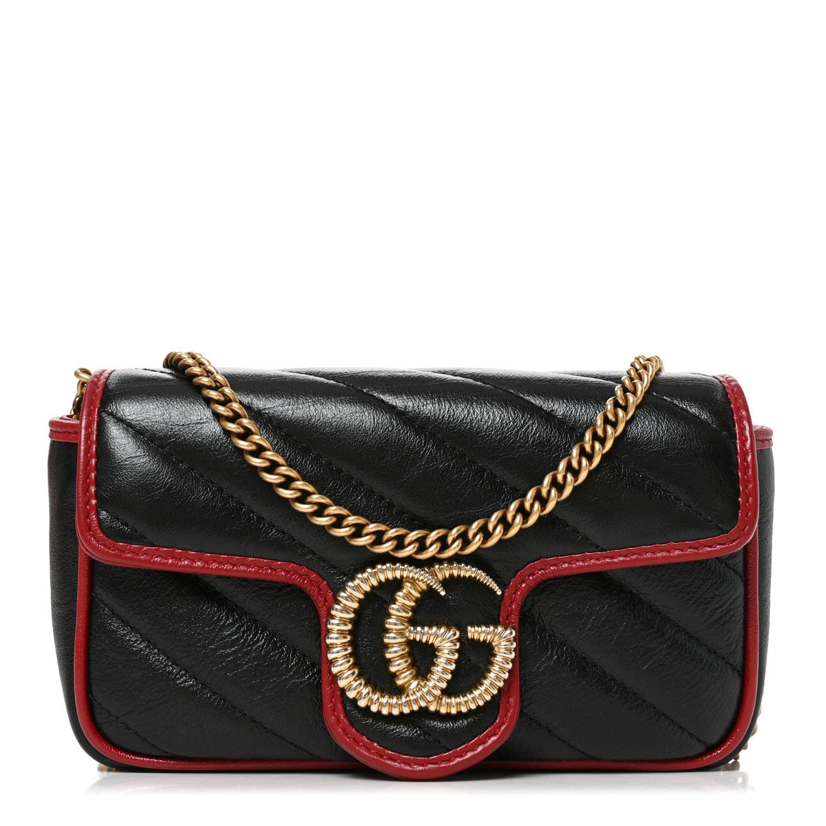 Vintage Effect Calfskin Matelasse Diagonal Super Mini Torchon GG Marmont Shoulder Bag Black Romantic Cherry