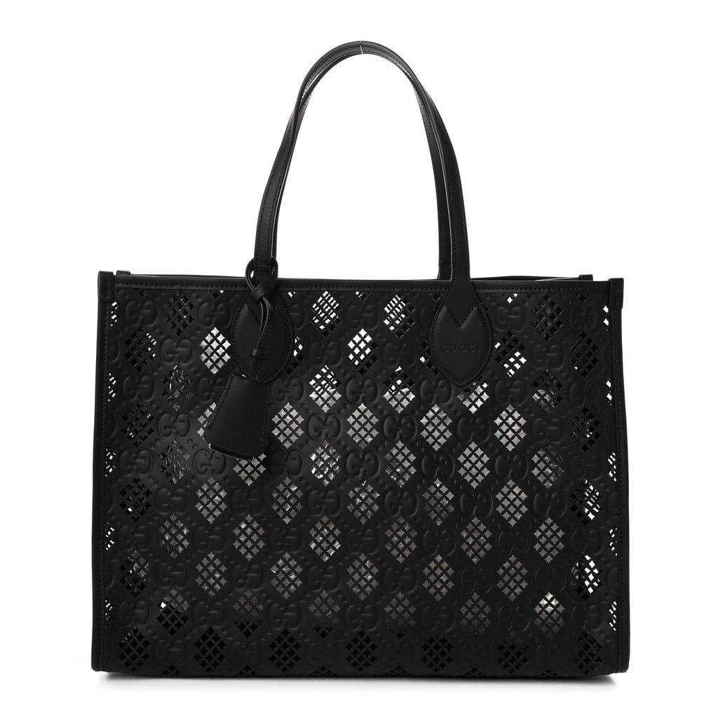 Calfskin GG Monogram Diamond Cut Medium Ophidia Tote Bag Black