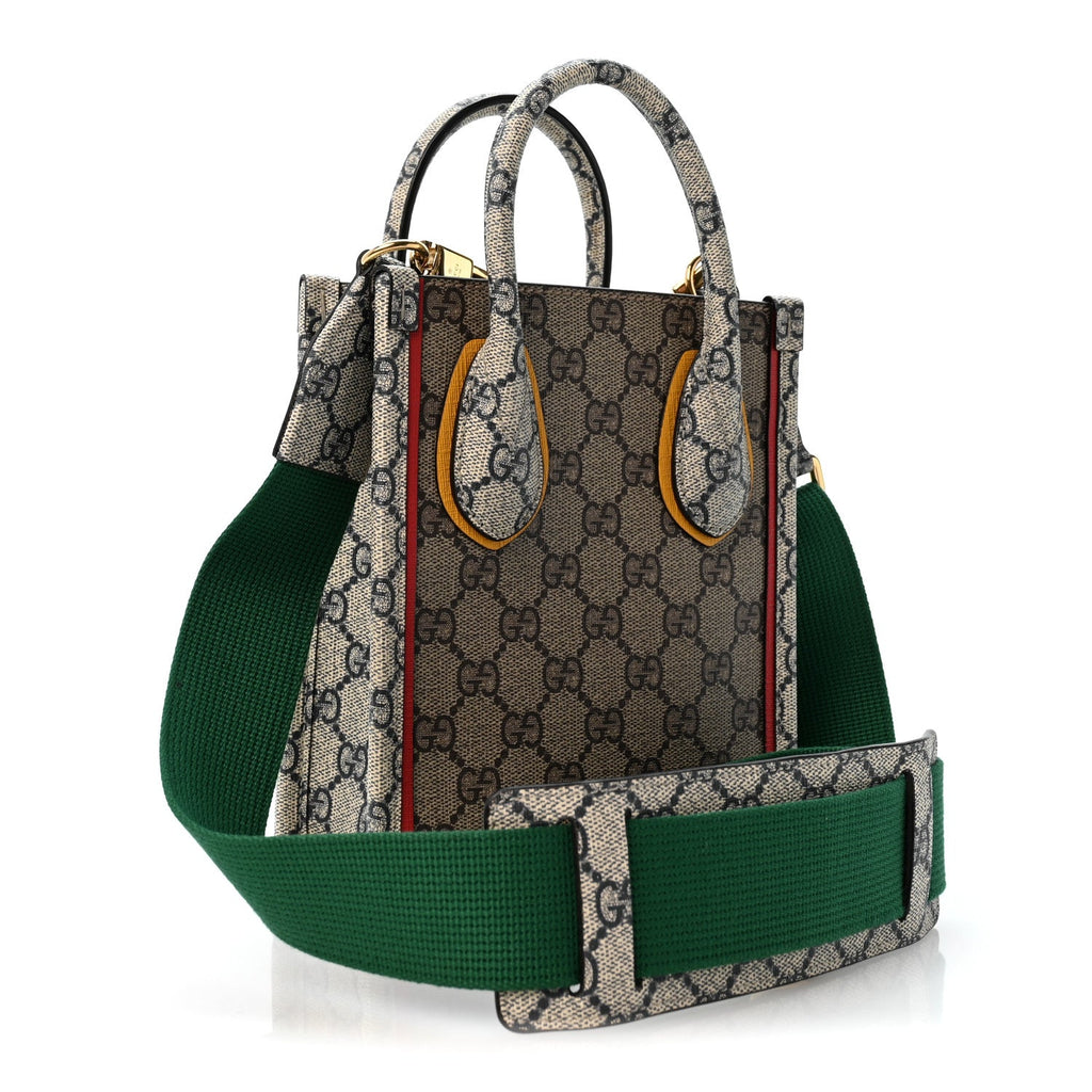 GG Supreme Monogram Exquisite Mini Vertical Tote Beige Ebony Blue Crop Live Red