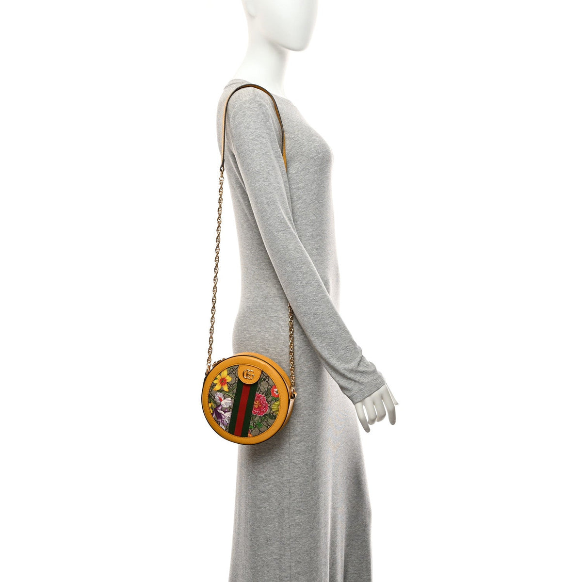 GG Supreme Monogram Flora Web Mini Ophidia Round Shoulder Bag Beige Multicolor Crop