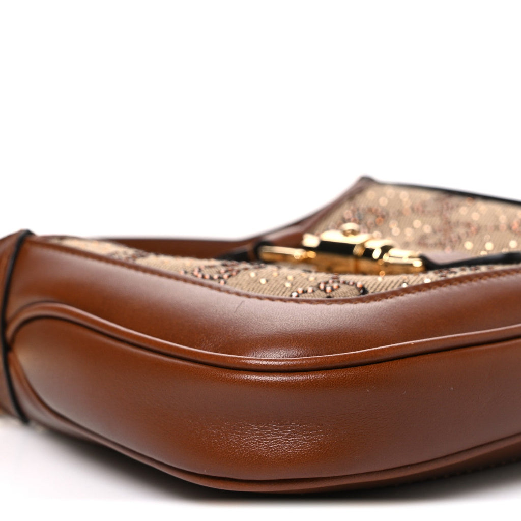 New Canvas Charisma Calfskin Crystal GG Monogram Mini Jackie 1961 Hobo Camel Ebony