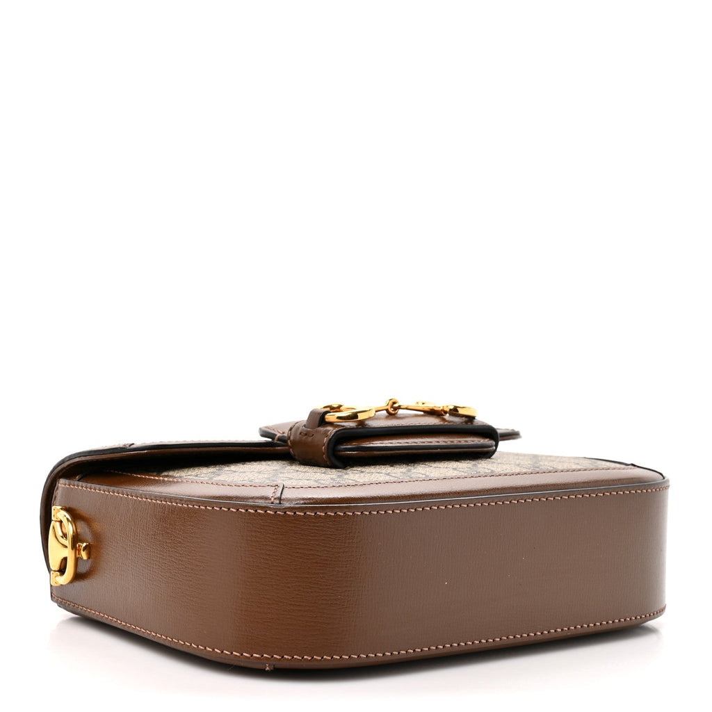 GG Supreme Monogram Azalea Calfskin Web Mini Horsebit 1955 Shoulder Bag Beige Ebony Brown Sugar