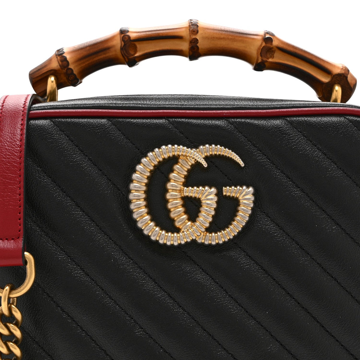 Vintage Effect Calfskin Matelasse Diagonal Small Torchon GG Marmont Bamboo Top Handle Shoulder Bag Black Romantic Cherry