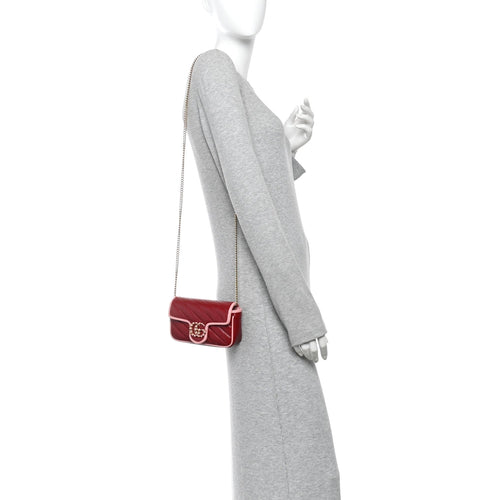 Azalea Calfskin Enamel Matelasse Diagonal Super Mini Torchon GG Marmont Shoulder Bag New Cherry Red Wild Rose